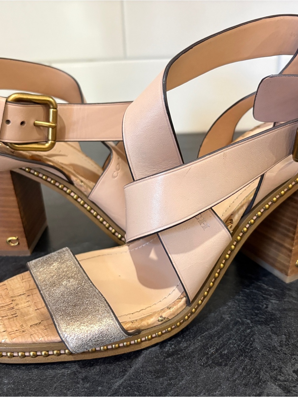 Coach Blush Leather Cross-Strap Sandals with Metallic Toe